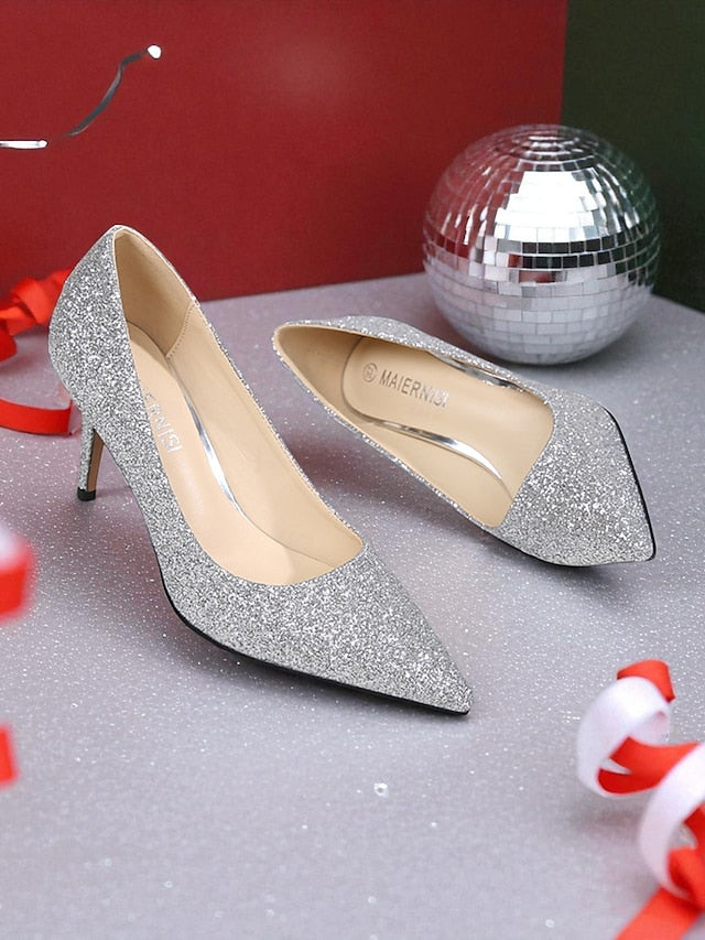 - Glitter Stiletto Pumps Gold Sparkly Women's Pointed-Toe