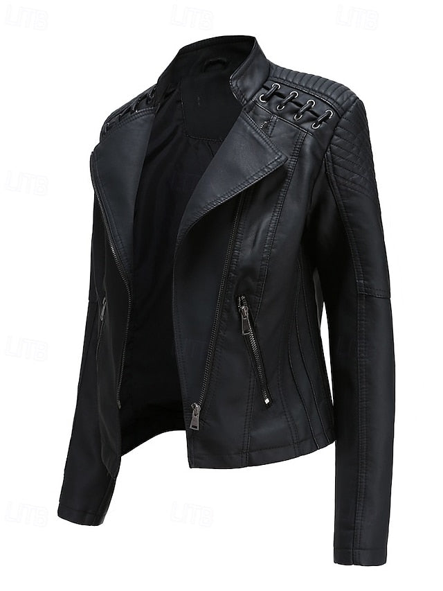 Pocket Jacket Faux Women's Zipper Comfortable Leather
