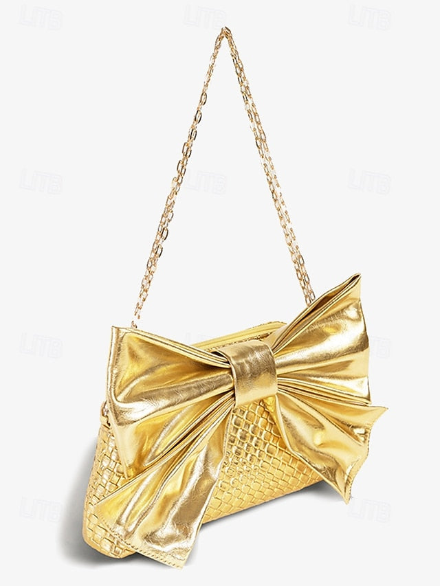Gold Bow Oversized Women's with Bag Faux Clutch Leather