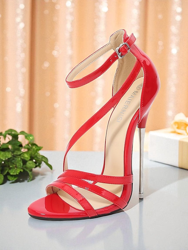 - Stiletto High Red Women's Strappy Heels Patent Sandals PU
