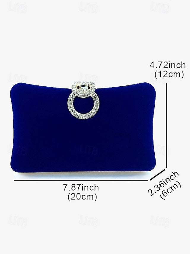 Blue Velvet Women's Clutch with Rhinestone Ring Elegant Bag