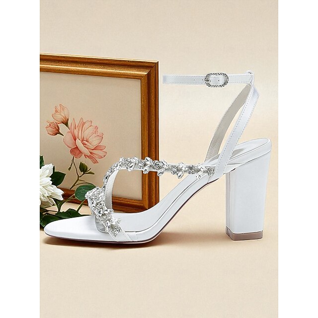 - Heel White Women's Block Rhinestone Straps with Sandals