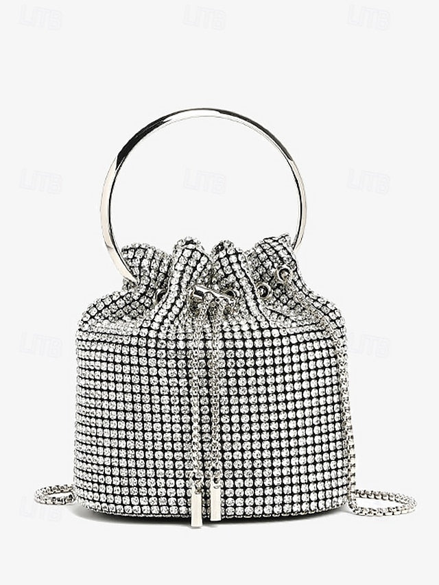 Silver with Rhinestone Women's Bucket Bag Sparkling Metal