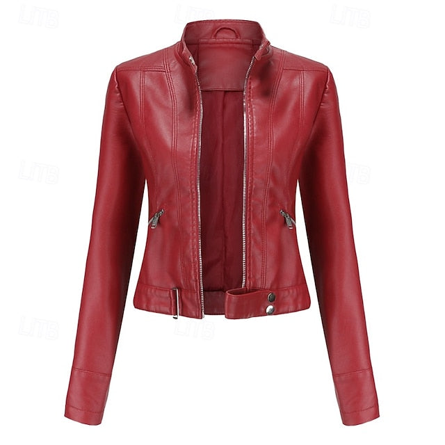 Jacket Zipper Pocket Leather Comfortable Faux Women's