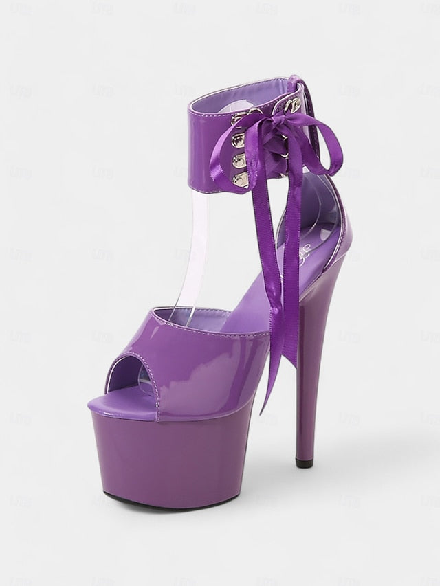 Lace-Up Ankle Black Sandals Patent with Platform Straps Leather