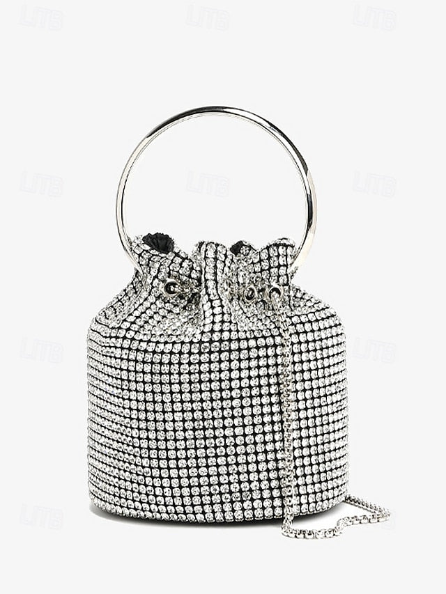 Silver with Rhinestone Women's Bucket Bag Sparkling Metal