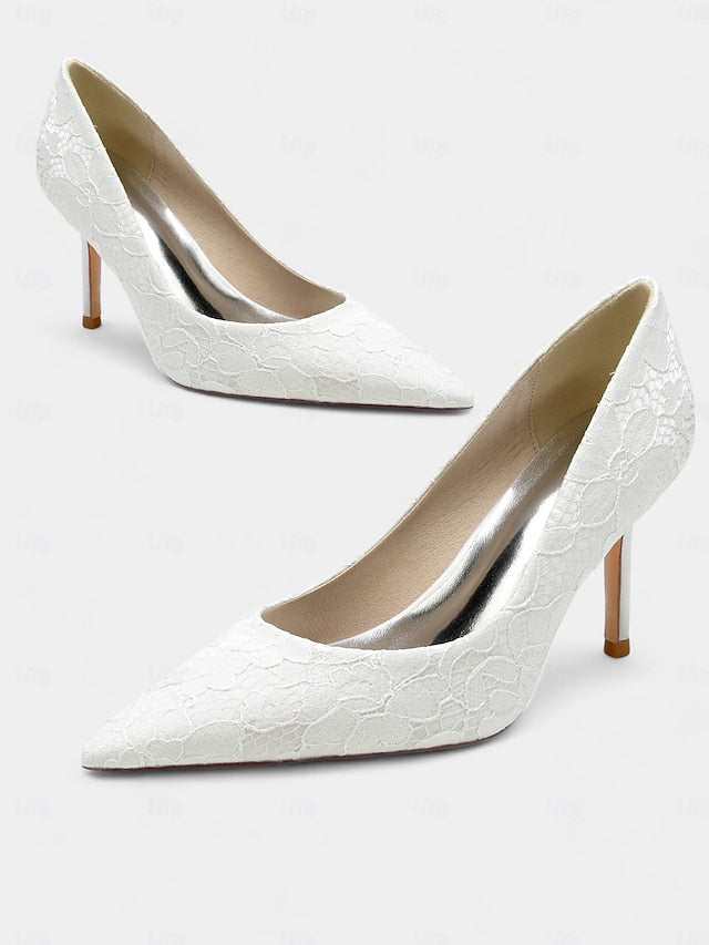 - Pointed-Toe Women's Heels Stiletto Lace-Embroidered
