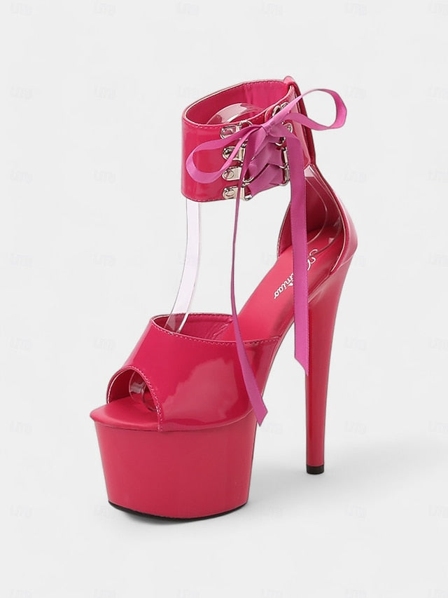 Lace-Up Ankle Black Sandals Patent with Platform Straps Leather