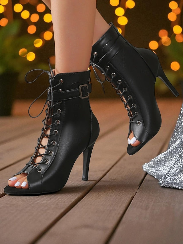 - Toe Peep Stiletto Black Booties High Women's Heel Lace-Up