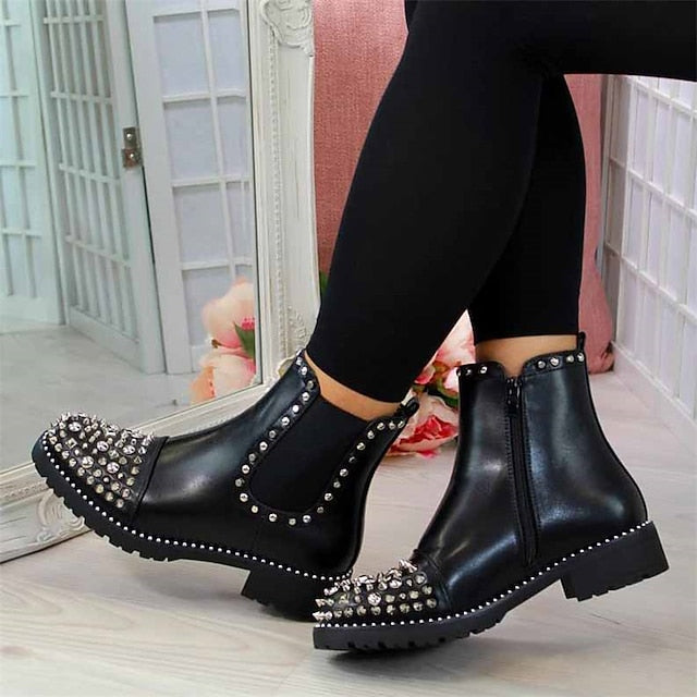 Sole for – Chunky Women Boots Ankle Black Studded Chelsea