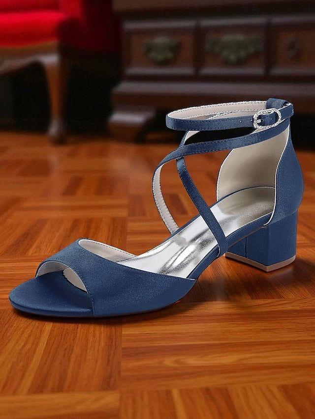 - Elegant Women's Satin Sandals Ankle Strap Heel Block with