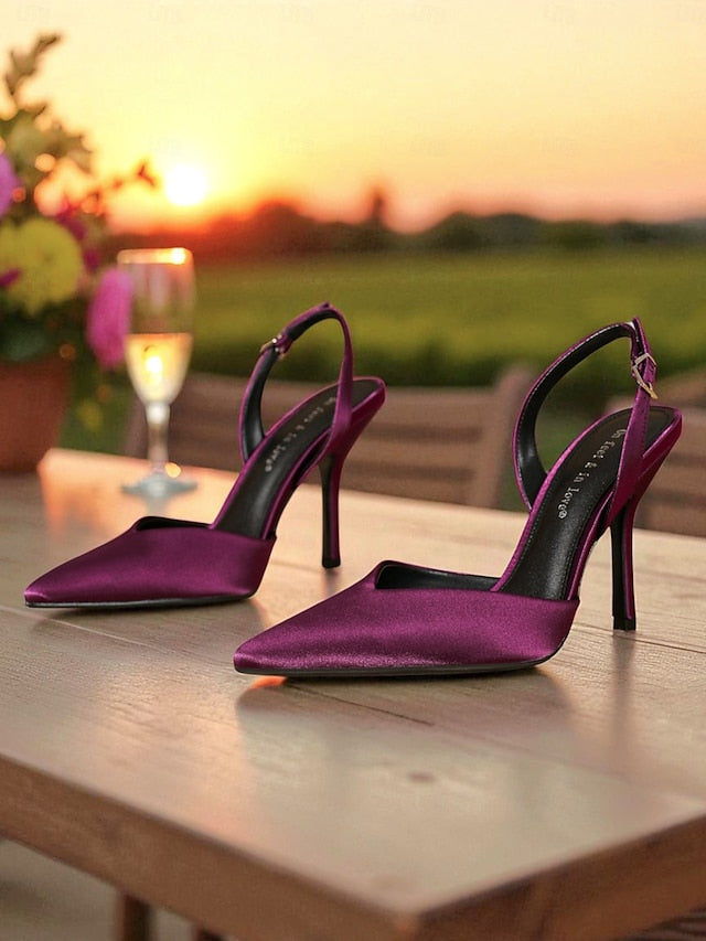 - Elegant Slingback Women's Toe Satin Purple Heels Pointed