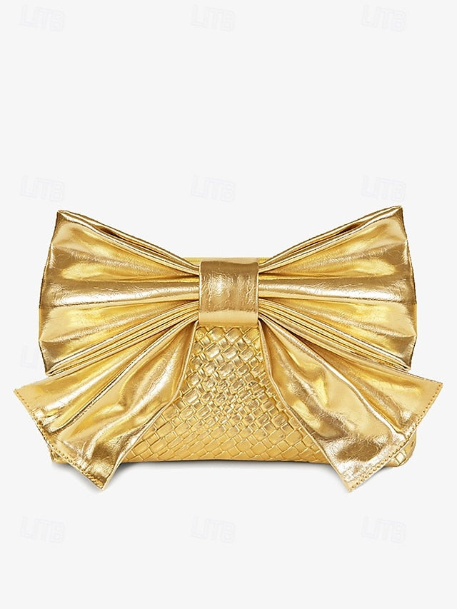 Gold Bow Oversized Women's with Bag Faux Clutch Leather
