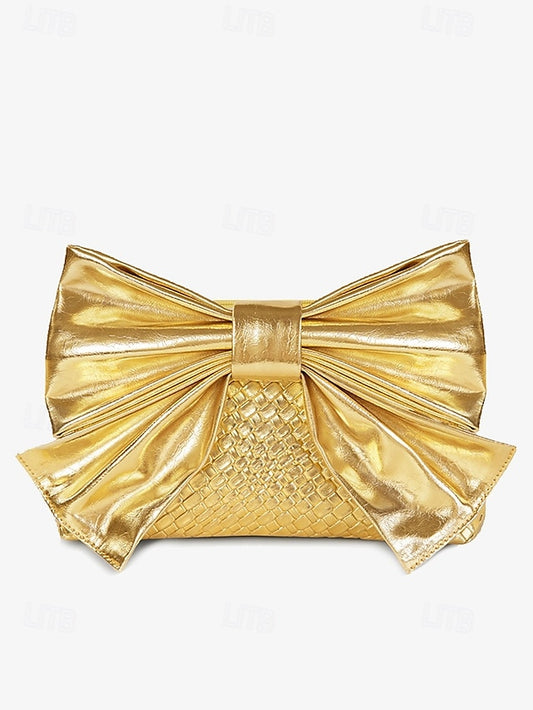 Gold Bow Oversized Women's with Bag Faux Clutch Leather