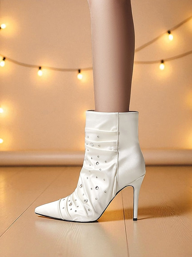 with Satin Women's White Rhinestone Ankle Boots