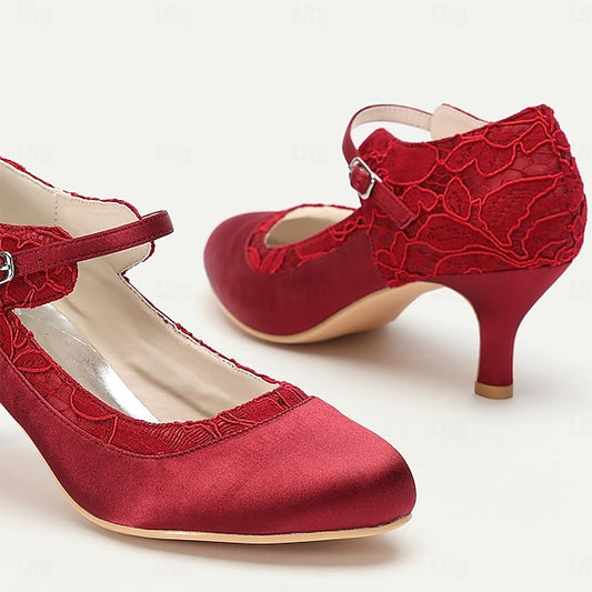 Women's Heels Lace Comfortable Mid-Heel - Satin Elegant Red