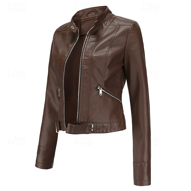 Jacket Zipper Pocket Leather Comfortable Faux Women's