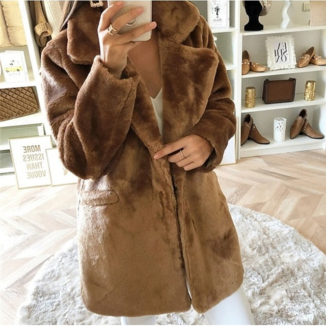 Casual Pocket Faux Warm Fur Comfortable Coat Women's