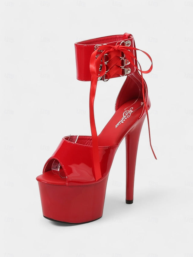 Lace-Up Ankle Black Sandals Patent with Platform Straps Leather