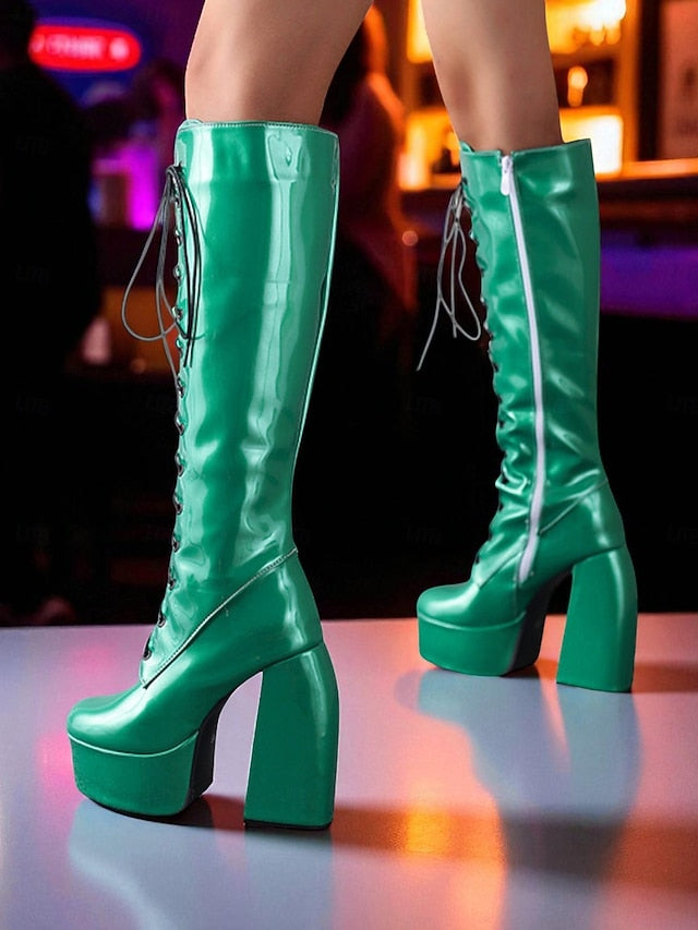 Women's - Lace-Up Silver Platform High Boots Knee Metallic