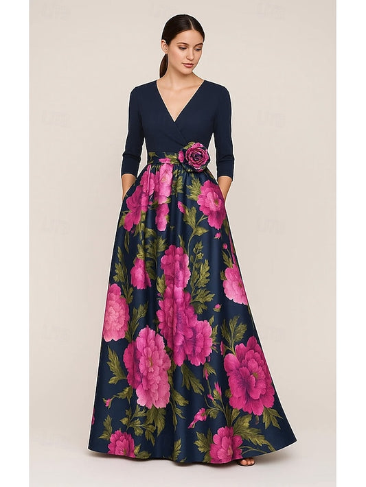 A-Line Bride Mother Floral Gown Elegant of Print Evening the