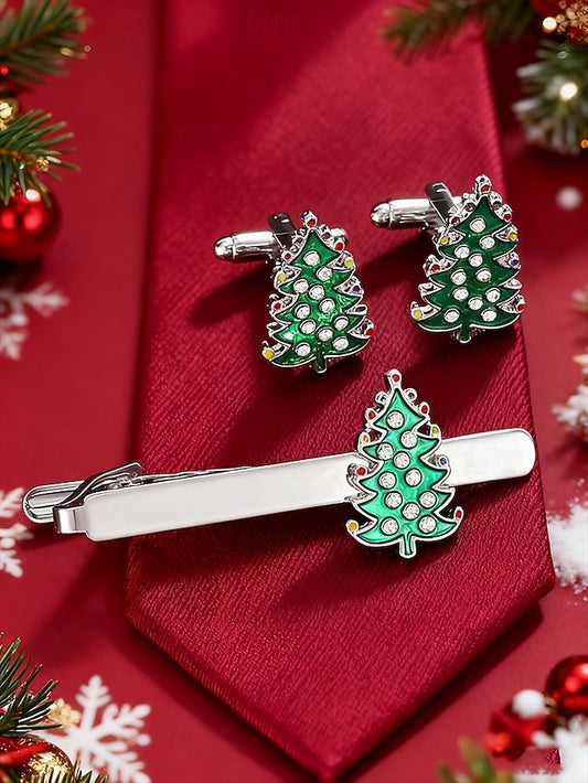 Set Men's - Festive Christmas Clip Cufflinks Tie Tree and