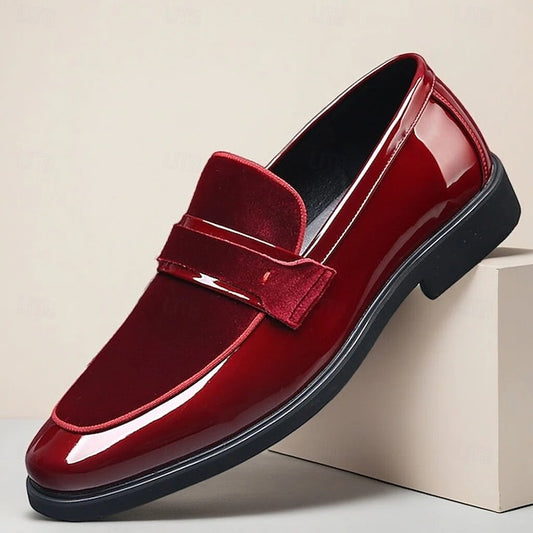 – Velvet Design Faux Sleek Leather with Red Men's Loafers