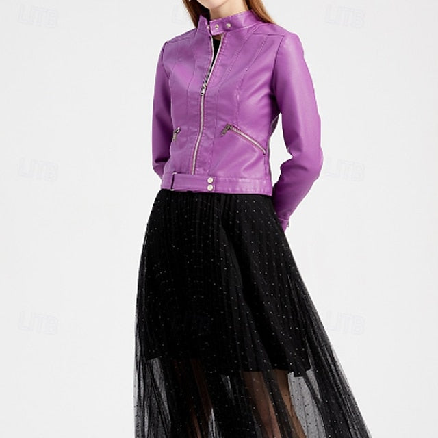 Jacket Zipper Pocket Leather Comfortable Faux Women's