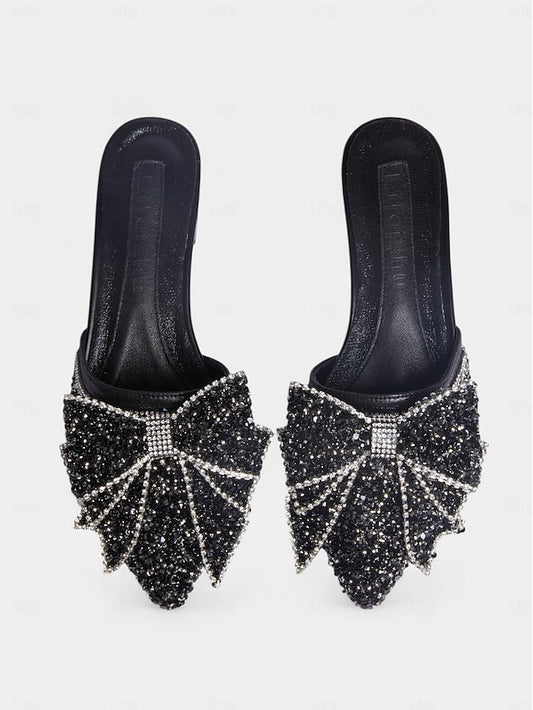 – Black Perfect Mules for Rhinestone-Bow Parties Flat and