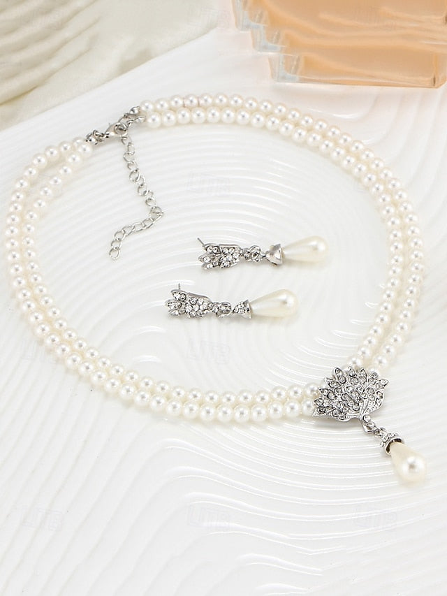 Bridal Jewelry Elegant Necklace Pearl Double-Layer – Set