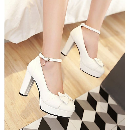 – Bow Women's Heels Chunky Detail White Elegant with