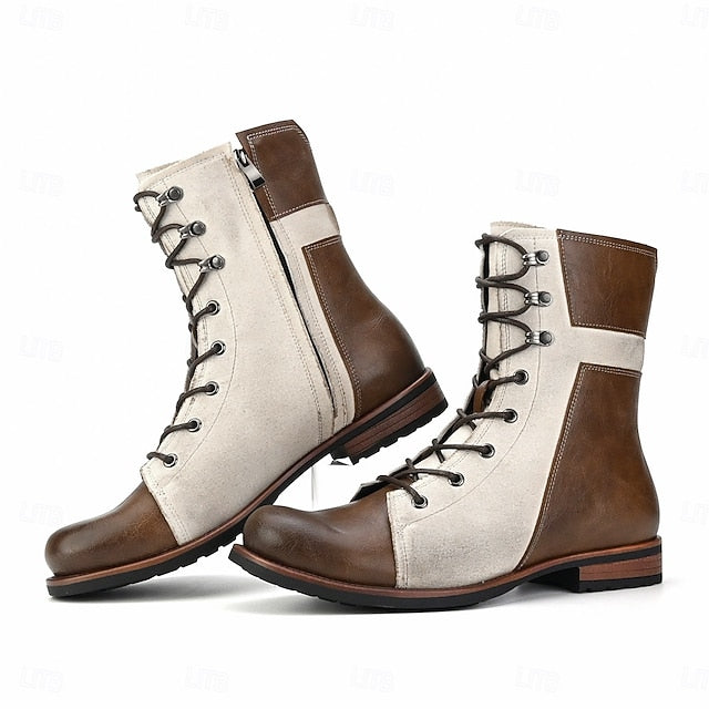 Vintage Boots Lace-Up Leather Mid-Calf Faux Men's Two-Tone