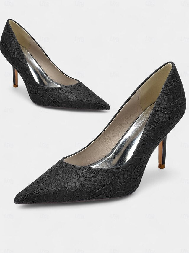 - Pointed-Toe Women's Heels Stiletto Lace-Embroidered