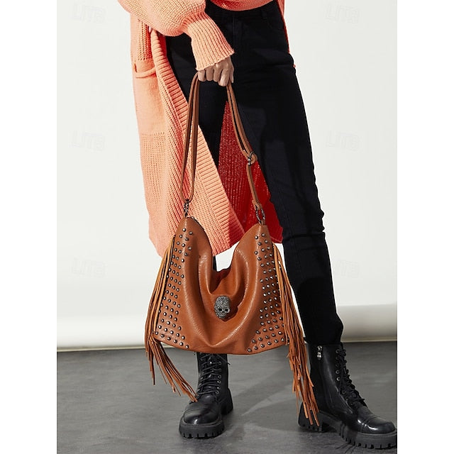 - Brown Leather Boho Studded Bag Women's Hobo Skull Fringe