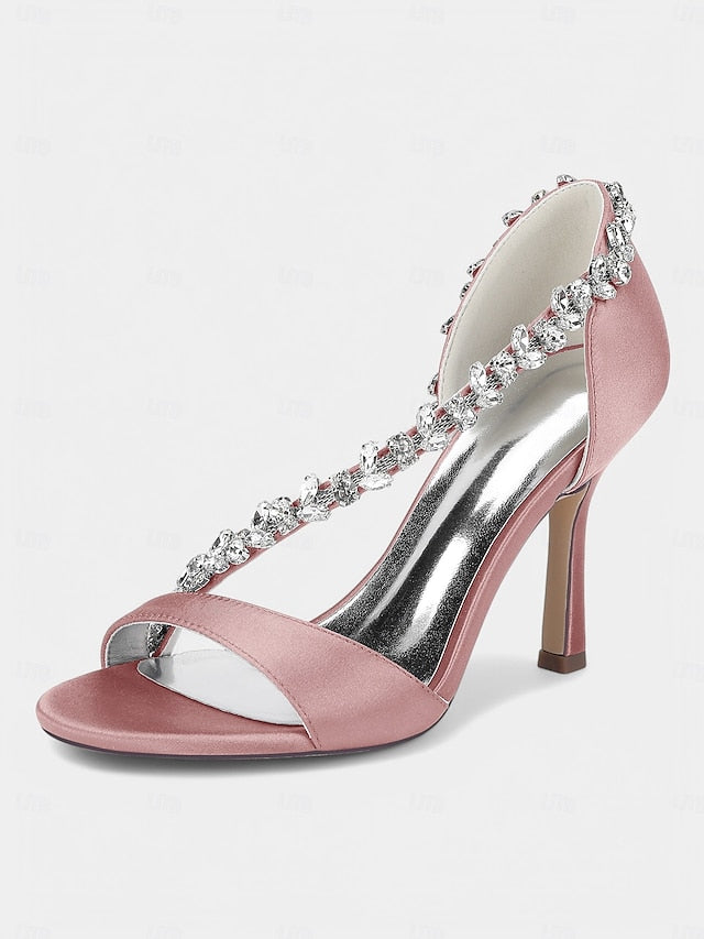 Heels – High Crystal Women's Champagne with T-Strap Satin