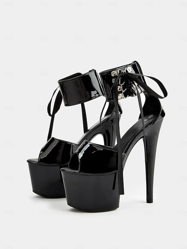 Lace-Up Ankle Black Sandals Patent with Platform Straps Leather