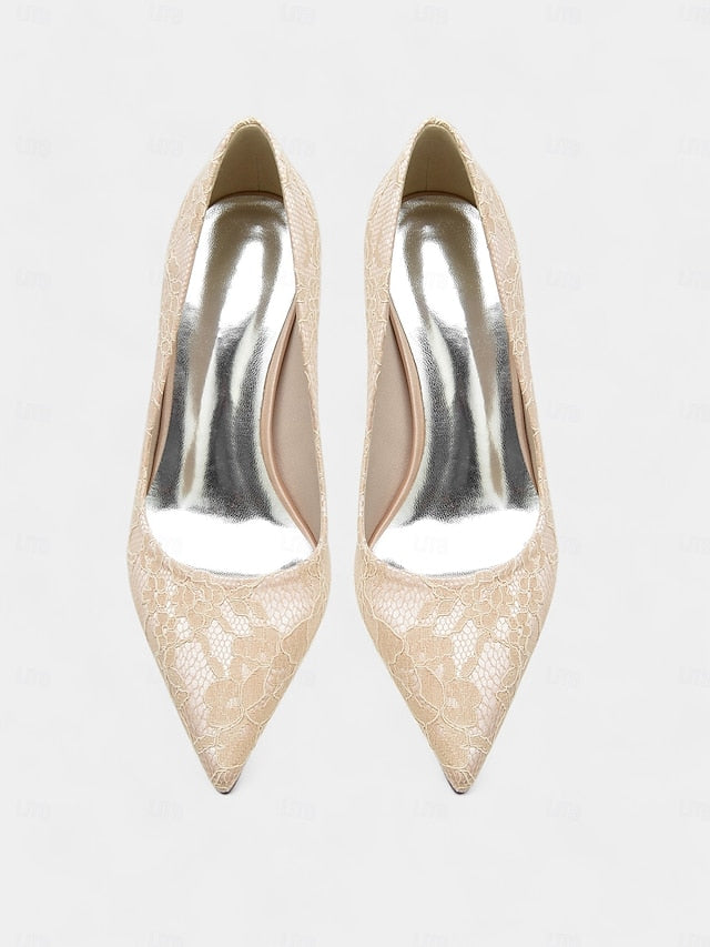 - Pointed-Toe Women's Heels Stiletto Lace-Embroidered