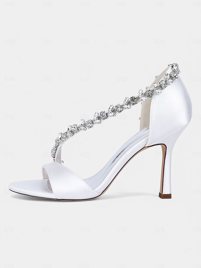 Heels – High Crystal Women's Champagne with T-Strap Satin