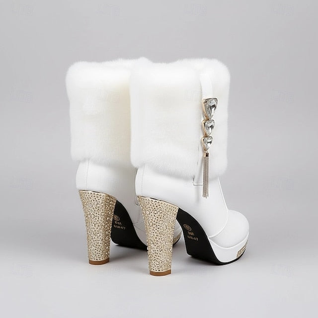 - Faux White Boots Fur Heels Rhinestone Women's with Ankle