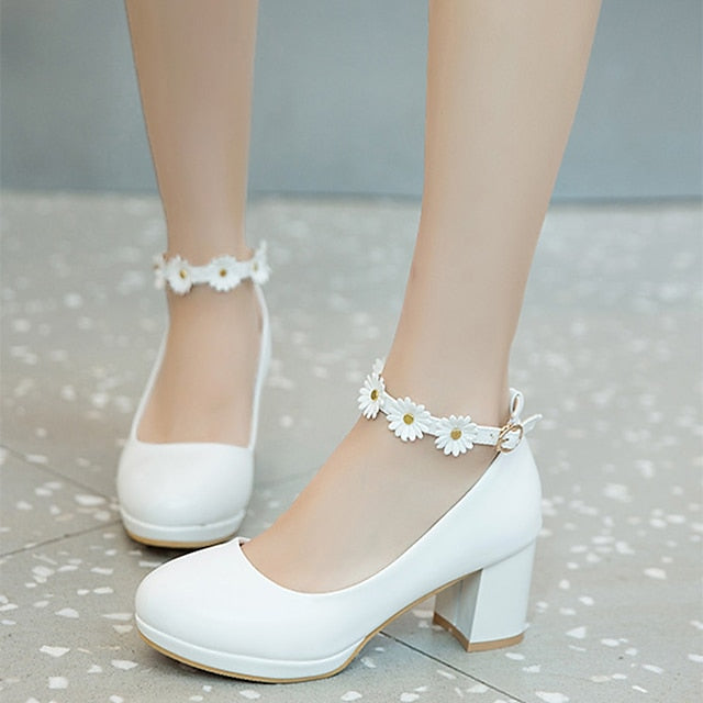 Daisy Block with Heel Flower White Girls' Ankle Shoes