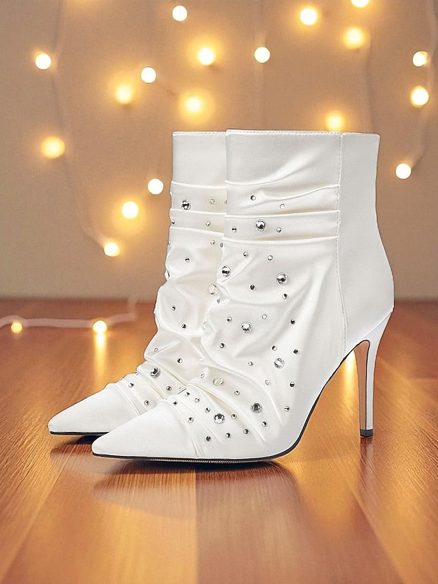 with Satin Women's White Rhinestone Ankle Boots