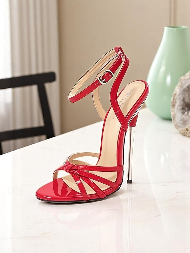 - Strappy Red Stiletto Heels Leather Women's Knot Patent