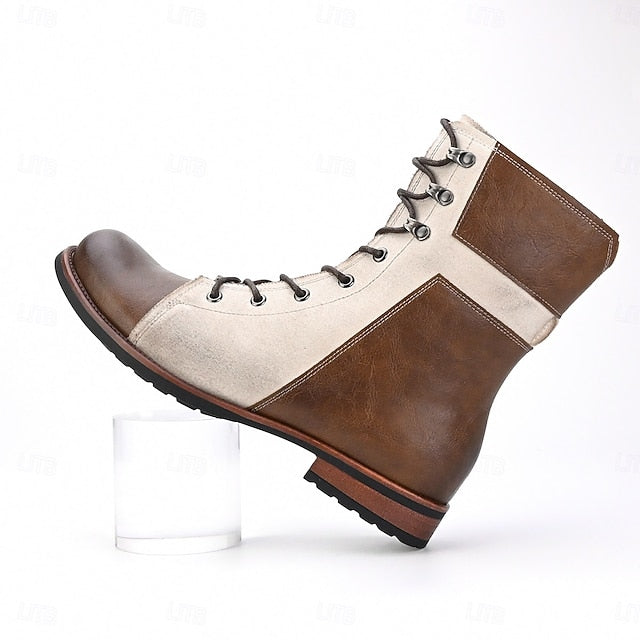 Vintage Boots Lace-Up Leather Mid-Calf Faux Men's Two-Tone