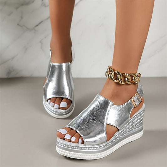 with Buckle Women's Silver Metallic Wedge Open-Toe Sandals