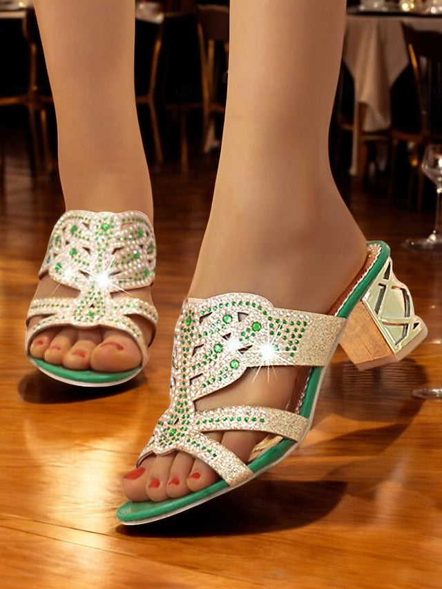 - Rhinestone and Heeled Embellished Sandals Gold Green