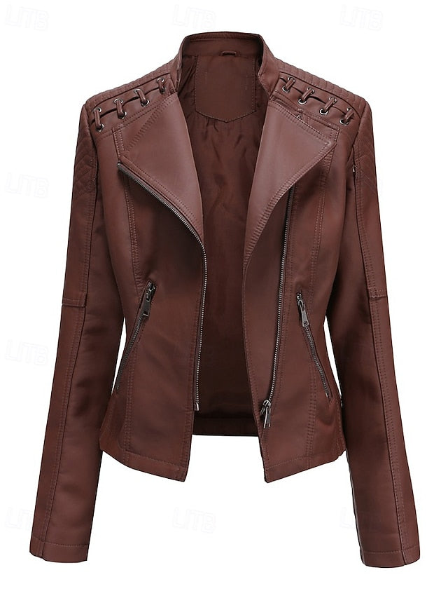 Pocket Jacket Faux Women's Zipper Comfortable Leather