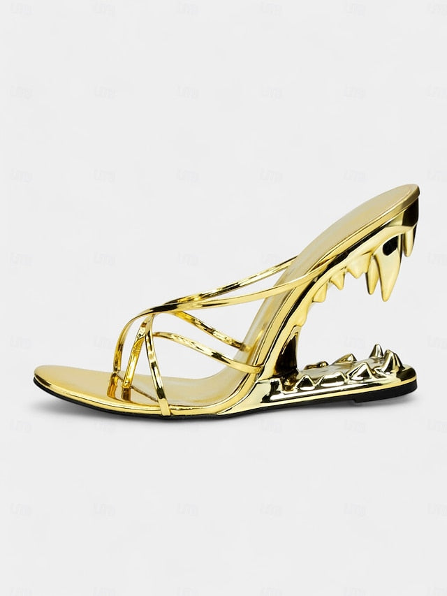 Flat Design - Heel Gold with Unique Sculpted Sandals Metallic