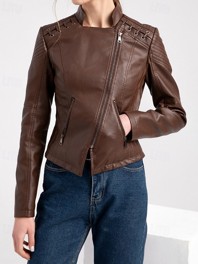 Pocket Jacket Faux Women's Zipper Comfortable Leather