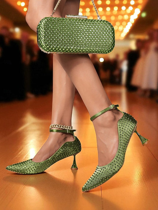 Bag and Rhinestone Women's Set Matching Heels Clutch Green