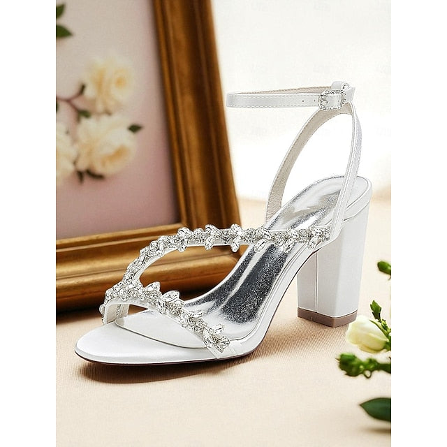 - Heel White Women's Block Rhinestone Straps with Sandals